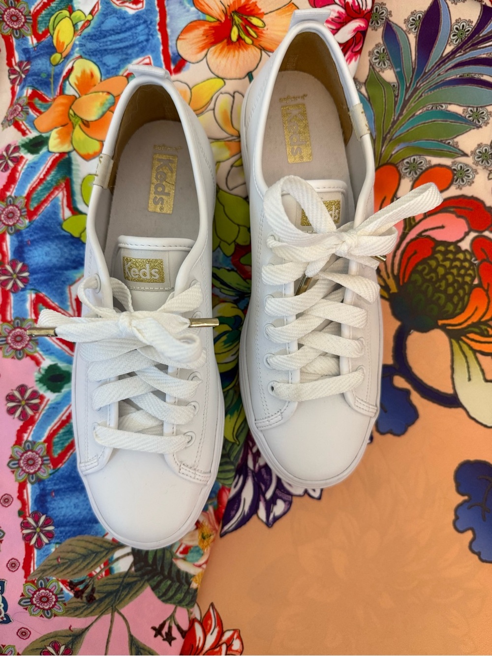 NEW Keds Sz 7 White Platform Lace-Up Sneakers Gold Glittery Logo - Picture 6 of 10